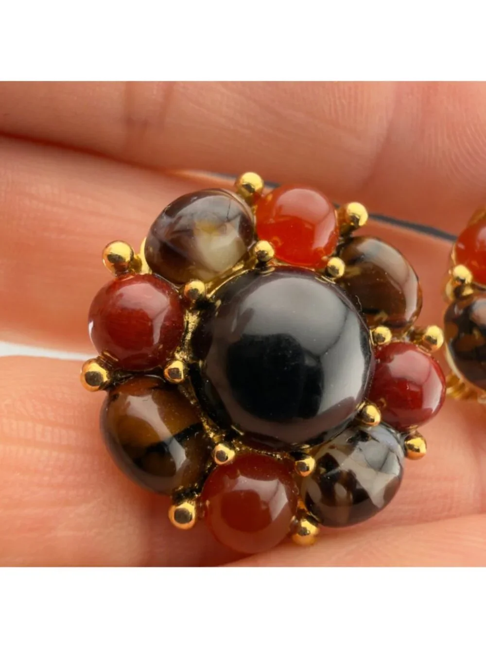 Vintage Monet Clip On Earrings Gold Tone Black Cabochon Cluster Fall Autumn